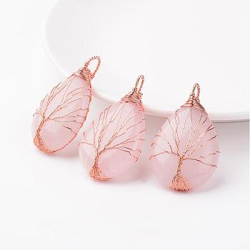 Natural Rose Quartz  Pendants, teardrop, with Rose Gold Tone Brass Findings, 48~55x30~32x10~12mm, Hole: 4~7x8~12mm
