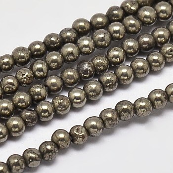 Natural Pyrite Round Beads Strands, Grade A, 2mm, Hole: 1mm, about 200pcs/strand, 16 inch