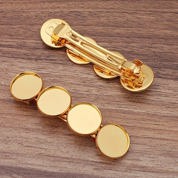 Iron Hair Barrette Findings, with Brass Flat Round Bezel Settings, Golden, 86x22mm, Tray: 20mm