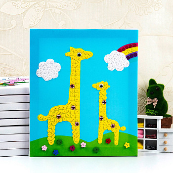 Creative DIY Giraffe Pattern Resin Button Art, with Canvas Painting Paper and Wood Frame, Educational Craft Painting Sticky Toys for Kids, Yellow, 30x25x1.3cm