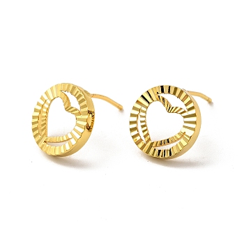 Rack Plating Brass Hollow Out Heart Stud Earrings for Women, Real 18K Gold Plated, 12.5~13mm, Pin: 0.8mm