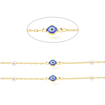 Brass Drawn Elongated Cable Chains, with Round Glass and Evil Eyes Enamel, Long-Lasting Plated, Soldered, with Spool, Real 18K Gold Plated, Link: 2.5x1x0.3mm, Eye: 13x7x2mm, Round: 4mm, about 32.8 Feet(10m)/roll