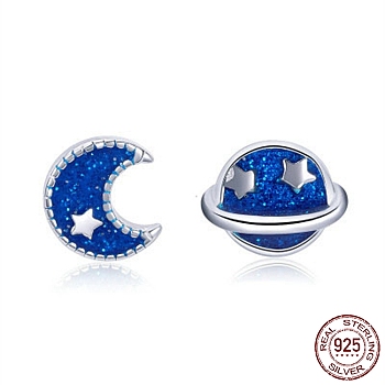 Rhodium Plated 925 Sterling Silver Enamel Stud Earrings, Asymmetrical Earrings, Moon & Sun, with 925 Stamp, Real Platinum Plated , Dodger Blue, 7x6mm, 6x8mm