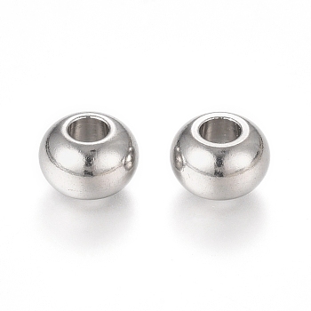 201 Stainless Steel European Beads, Large Hole Beads, Rondelle, Stainless Steel Color, 9.8x6.5mm, Hole: 4mm