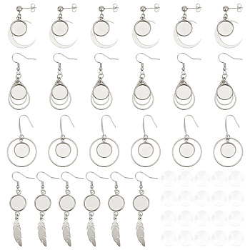 8 Pairs 4 Style 304 Stainless Steel Earring Hooks, Ear Wire with Round Trays, Teardrop & Ring & Feather & Moon, Golden, 35~65mm, Tray: 12mm, 2 Pair/style