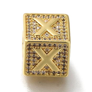 Brass Cubic Zirconia Beads, Letter X, Square, Letter X, 9.5x9.5x9.5mm, Hole: 6mm