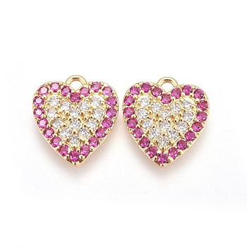 Brass Micro Pave Cubic Zirconia Pendants, Heart, Fuchsia, Real 18K Gold Plated, 13.3x12x2.7mm, Hole: 1.4mm