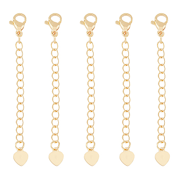 15Pcs Brass Chain Extender, with Lobster Claw Clasps and Tiny Heart Charm, Cadmium Free & Nickel Free & Lead Free, Real 18K Gold Plated, 57mm, Hole: 2.5x3mm