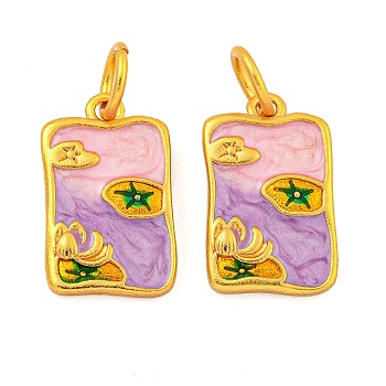 Rack Plating Brass Enamel Pendants, with Jump Ring, Long-Lasting Plated, Lead Free & Cadmium Free, Real 18K Gold Plated, Rectangle with Lotus Leaf Charm, Medium Orchid, 18.5x11.5x3mm, Hole: 5mm