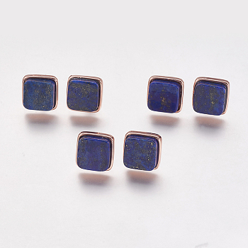 Natural Lapis Lazuli Stud Earrings, with Brass Findings, Real Rose Gold Plated, Square, 12x12x4.5~6mm, Pin: 1mm