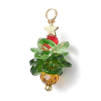 Christmas Theme Glass Pendants, with Brass Star Findings, Christmas Tree, Golden, 33~35x17mm, Hole: 4mm