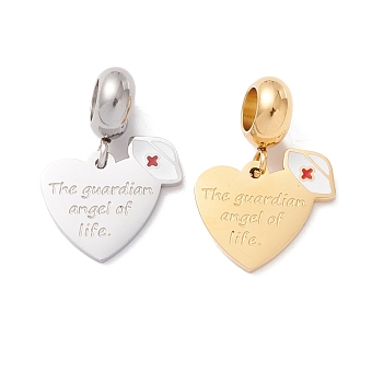 304 Stainless Steel European Dangle Charms, Large Hole Pendants with Enamel, Heart with Word The Guardian Angel of Life & Nurse Cap Shape, Mixed Color, 21.5mm, Hole: 4.5mm