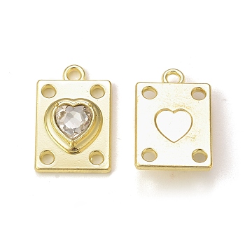Rack Plating Alloy Glass Pendants, Golden, Rectangle with Heart Charms, Clear, 19.5x12.5x5mm, Hole: 1.8mm