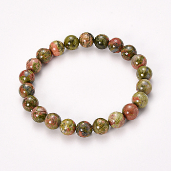 Natural Unakite Beaded Stretch Bracelets, Round, 2-1/8 inch(55mm), Bead: 8~9mm