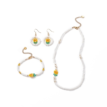 Glass Flower & Shell Pearl Beaded Dangle Earrings Bracelet Necklace, Floral Brass Jewelry Set for Girl Women, Golden, 7.24 inch(18.4cm), 17.36 inch(44.1cm), 51mm, Pin: 0.8mm