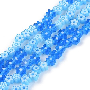 Handmade Millefiori Glass Bead Strands, Flower, Blue, 3.7~5.6x2.6mm, Hole: 1mm, about 88~110pcs/Strand, 15.75''(40cm)