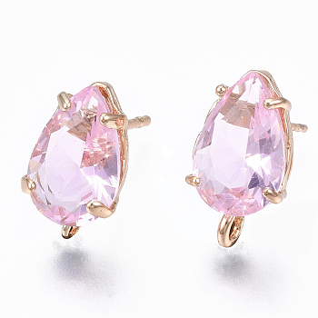 Transparent Brass Stud Earring Findings, with Glass, Oval with Loop, Long-Lasting Plated, Teardrop, Pearl Pink, 14x8.5mm, Hole: 1.2mm, Pin: 0.7mm