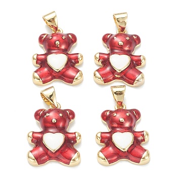 Brass Enamel Pendants, Real 18K Gold Plated, Long-Lasting Plated, Bear with Heart, FireBrick, 18x13.5x4mm, Hole: 5x3.5mm
