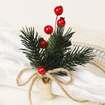 Christmas Plastic Napkin Rings, Wrapped with Jute Twines, with Artificial Pine Needles, Dark Slate Gray, 45mm, Surface: 90x80mm, Inner Diameter: 35mm