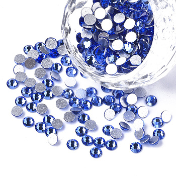 Glass Flat Back Rhinestone Cabochons, Back Plated, Faceted Half Round, Sapphire, SS16, 3.8~4x1.5mm, about 1440pcs/bag