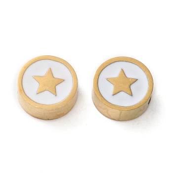 Ion Plating(IP) 304 Stainless Steel Beads, with Enamel, Flat Round, Real 18K Gold Plated, Star, 8x3mm, Hole: 2mm