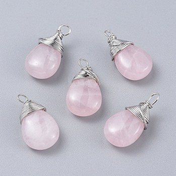 Natural Rose Quartz Pendants, with Platinum Plated Brass Wire, Teardrop, 24~30x13~16x8mm, Hole: 3x3.5mm