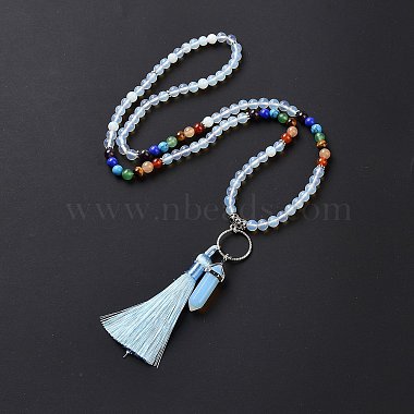 Opalite Bullet & Tassel Pendant Necklace with Mixed Gemstone Beaded Chains(NJEW-E585-02F)-3