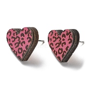 Printing Wood Stud Earrings for Women, with 316 Stainless Steel Pins, Heart with Leopard Print, Hot Pink, 14.5x16mm(EJEW-B028-11)