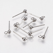 202 Stainless Steel Ball Stud Earring Findings, with 304 Stainless Steel Pins and Loop, Round, Stainless Steel Color, 14mm, Hole: 2mm, Pin: 0.7mm(STAS-F141-06P-3mm)