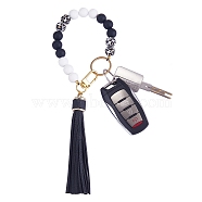 Silicone Round Beaded Keychain with Imitation Leather Tassel, with Alloy Swivel Clasps and 304 Stainless Steel Split Key Rings, Black, 25cm(KEYC-SW00005-01)