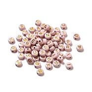 Plating Acrylic Beads, Golden Metal Enlaced, Horizontal Hole, Flat Round with Letter, PeachPuff, 6.5~7x3.5~4mm, Hole: 1.6mm, about 3600g/500g(OACR-P017-A03)