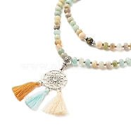 Om Mani Padme Hum Buddhist Necklace, Woven Net/Web with Tassel Pendant Necklace, Natural Obsidian & Flower Amazonite & Wood  Beads Necklace for Women, Colorful, 33.86 inch(86cm)(NJEW-JN03839)