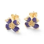 Brass Enamel Stud Earrings, with Ear Nuts, Flower, Real 18K Gold Plated, Purple, 11x12mm, Pin: 0.8mm(EJEW-H125-14B-G)
