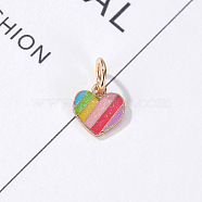 Alloy Enamel Pendant, with Glitter Powder & Jump Ring, Heart with Rainbow Charms, Golden, No Size(RABO-PW0001-061A)
