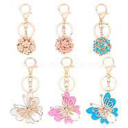 6Pcs 6 Style Butterfly & Flower Pendant Keychain, with Enamel and Alloy Lobster Claw Clasps, for Women Car Bag Pendant Decoration, Mixed Color, 10.3~12cm, 1pc/style(KEYC-CP0001-09)