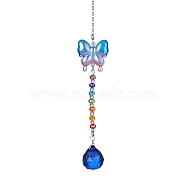 Glass Teardrop Pendant Decorations, with Acrylic Butterfly and Glass Beads for Home Decorations, Royal Blue, 232mm(HJEW-JM01581-04)