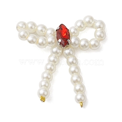 Plastic Pearl Beads Pendants, with Rack Plating Brass Loops Micro Pave Cubic Zirconia, Long-Lasting Plated, Lead Free & Cadmium Free, Bowknot, Red, 27~29x24~27.5x3.5mm, Hole: 6.8mm(KK-H463-06P-03)