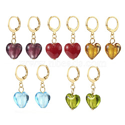 304 Stainless Steel Huggie Hoop Earrings, with Handmade Silver Foil Glass Beads, Heart, Golden, Mixed Color, 32.5mm, Pin: 0.6x1mm(EJEW-JE04475)