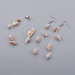 (Jewelry Parties Factory Sale), Spiral Shell Jewelry Sets, Bracelets and Dangle Earrings, with Stainless Steel Finding and Nylon Wire, Bracelets: 7-5/8 inch(19.5cm), 12~15x8~10x7~8mm, Earring: 105mm, Pin: 0.7mm(SJEW-JS01001)