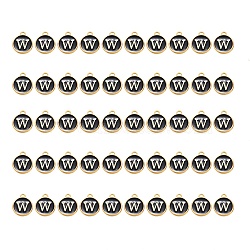 Golden Plated Alloy Charms, with Enamel, Enamelled Sequins, Flat Round, Black, Letter.W, 14x12x2mm, Hole: 1.5mm, 50pcs/Box(ENAM-SZ0001-25B-W)