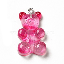 Translucent Resin Pendants, Glitter Bear Charms, with Platinum Tone Iron Loops, Camellia, 32x19x8.5mm, Hole: 2mm(CRES-K010-01E)