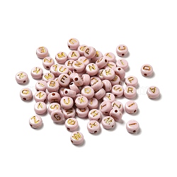 Plating Acrylic Beads, Golden Metal Enlaced, Horizontal Hole, Flat Round with Letter, PeachPuff, 6.5~7x3.5~4mm, Hole: 1.6mm, about 3600g/500g(OACR-P017-A03)