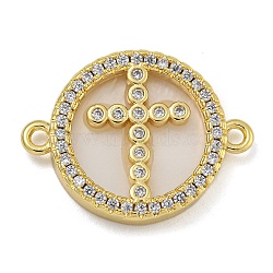 Rack Plating Brass Micro Pave Clear Cubic Zirconia Flat Round Connector Charms, Shell Links, Real 18K Gold Plated, Long-Lasting Plated, Cadmium Free & Lead Free, Cross, 18x23x4mm, Hole: 1.6mm(KK-I718-47G-04)