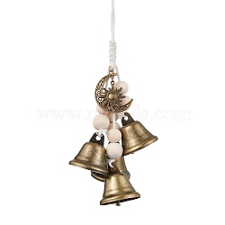 Iron Bell Pendant Decoration, Alloy Noon Sun & Wood Beads and Jute Cord for Home Door Hanging Ornaments, Antique Bronze, 250mm(HJEW-JM02256)