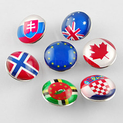 Brass Jewelry Snap Buttons, with Glass Cabochons, Flat Round with Flag, Platinum, Mixed Color, 18x10mm, Knob: 5mm(GLAA-S027-M)