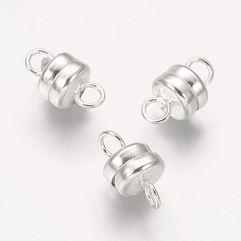 Column Brass Magnetic Clasps with Loops, Lead Free & Nickel Free & Cadmium Free, Silver Color Plated, 11x6mm, Hole: 2mm