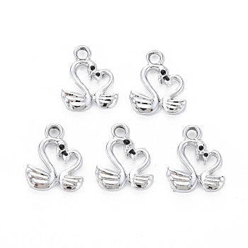 Alloy Charms, with Black Enamel, Cadmium Free & Lead Free, Mother and Baby Swans, Platinum, 15x12x3mm, Hole: 1.8mm