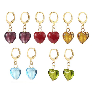 304 Stainless Steel Huggie Hoop Earrings, with Handmade Silver Foil Glass Beads, Heart, Golden, Mixed Color, 32.5mm, Pin: 0.6x1mm