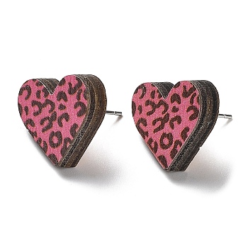 Printing Wood Stud Earrings for Women, with 316 Stainless Steel Pins, Heart with Leopard Print, Hot Pink, 14.5x16mm
