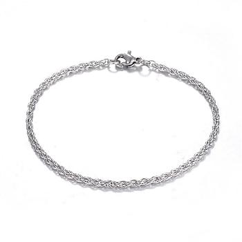 304 Stainless Steel Rope Chain Bracelets, with Lobster Claw Clasps, Stainless Steel Color, 7-7/8 inch(200mm), 2.5mm